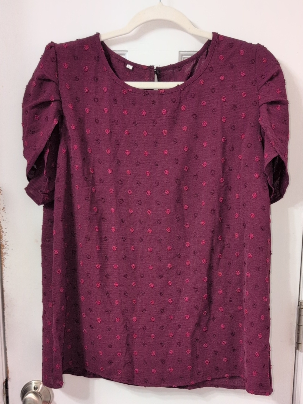 Women’s Puff Sleeve Textured Dot Blouse - Wine